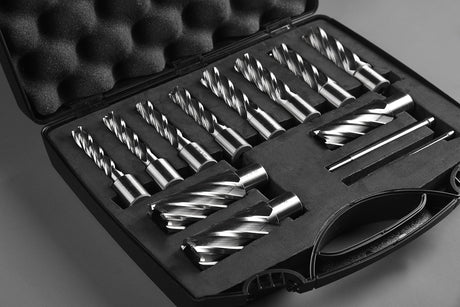 Annular Cutter Set 13 pcs JESTUOUS 3/4 Inch Weldon Shank 2 Cutting Depth and Cutting Diameter from 7/16 to 1-1/16 for Drill Press HSS Standard Kit Two Flat with 2 Pilot Pins JESTUOUS