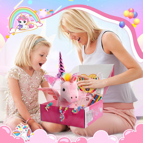 22-Piece Unicorn Gift Set for Girls Ages 3-8 | Pink Stuffed Animal Plush Toy with Jewelry Kit, DIY Coloring Book & Hair Accessories | Birthday Party Favors for Kids Toddler Girls Toys Toyze