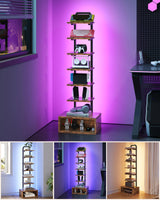 CHOEZON 8-Tier Bookshelf, LED Bookcase with Semi-Open Bottom, Small Space Standing Shelf with Lights, Corner Storage Stand, for Living Room, Home Office, Bedroom, Rustic Brown TSJ08DBF CHOEZON