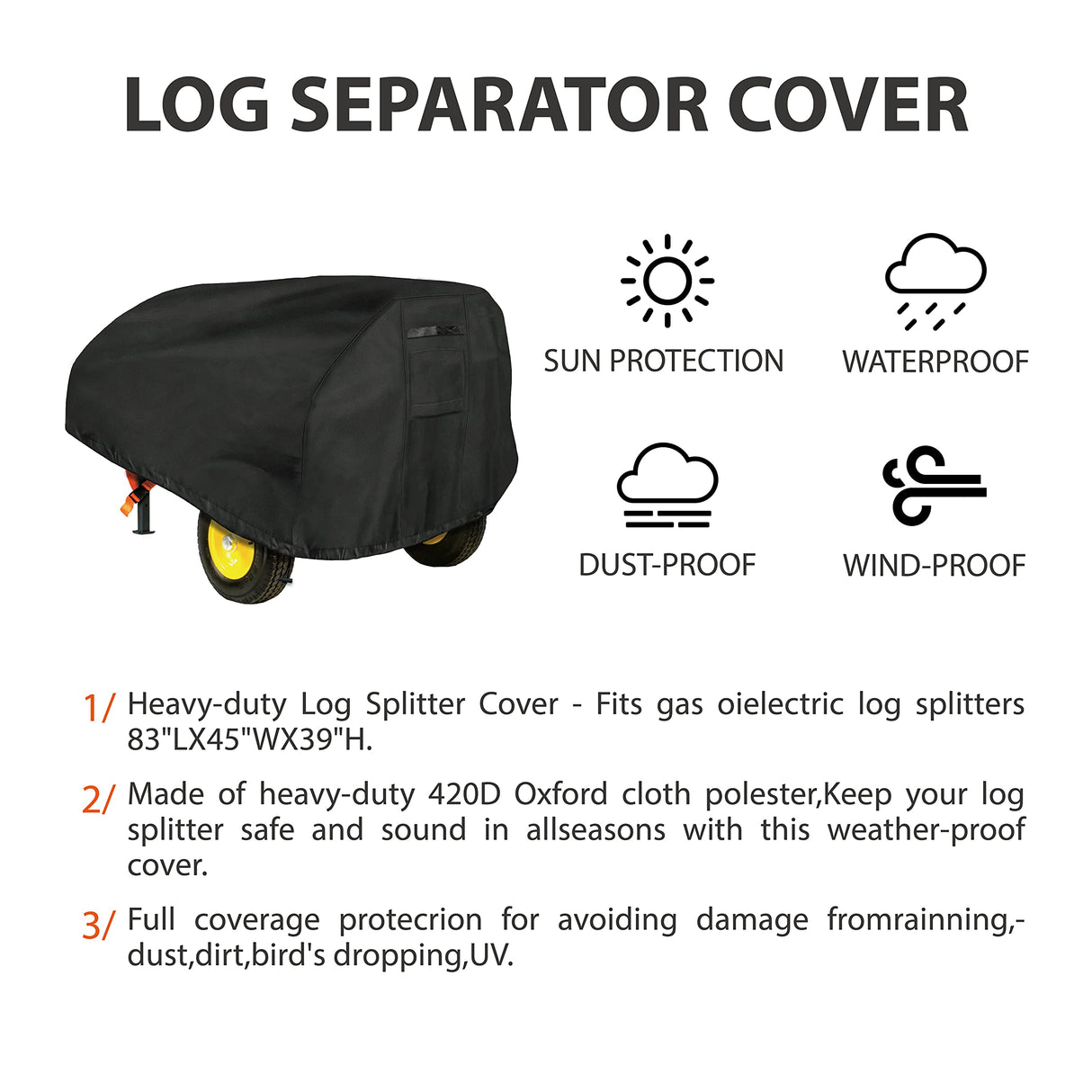 Aaaspark Heavy Duty Log Splitter Cover, Waterproof Oxford Cloth, for 15-45 Ton Gas or Electric Log Splitters, 83" x 45" x 39", Weather Resistant Storage Cover, Easy to Clean, Black Aaaspark