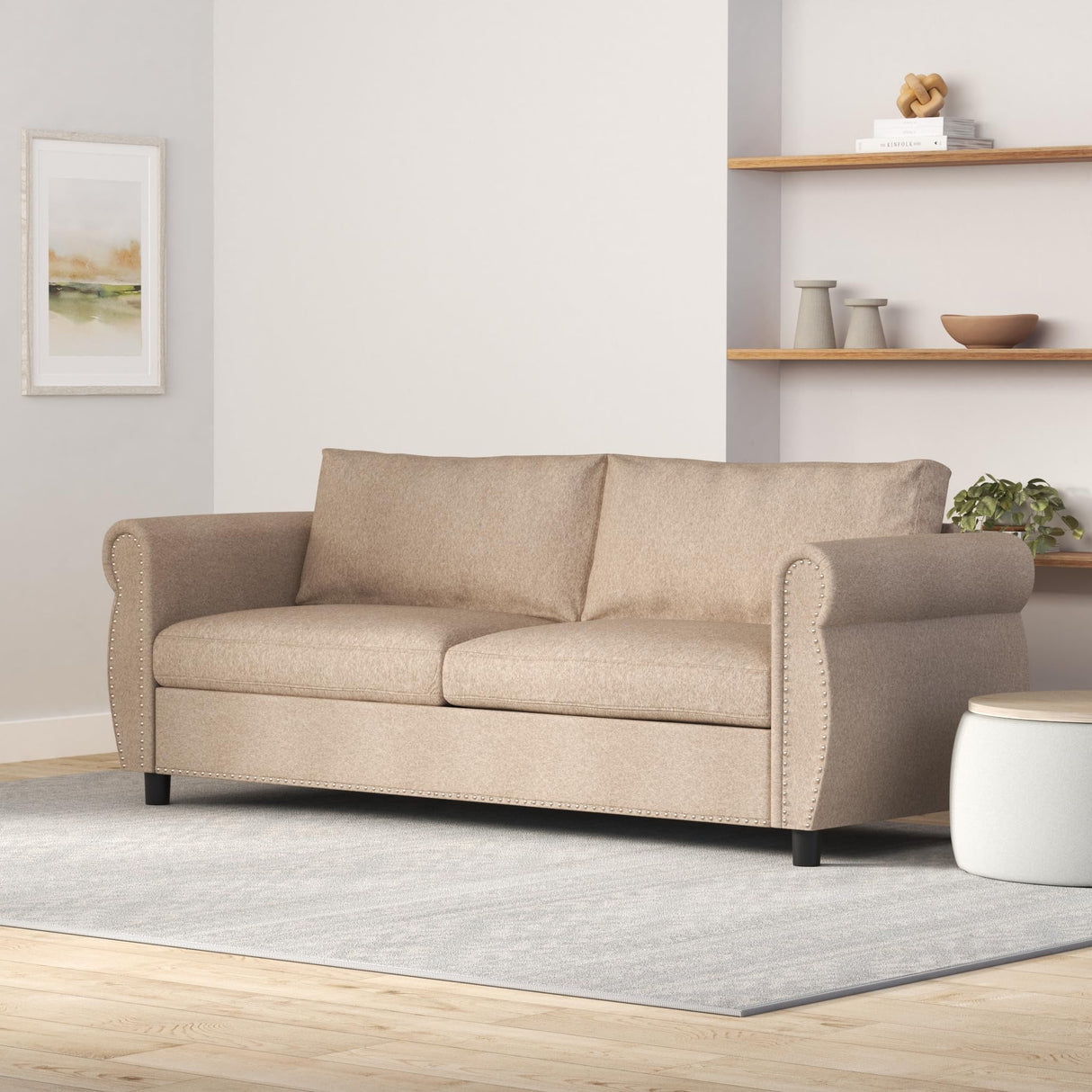 Merax Pull Out Sofa Bed, Queen Sleeper Couch with Memory Foam Mattress, Folding 2-in-1 Design, for Living Room, Guest Bedroom, Office, Beige Merax