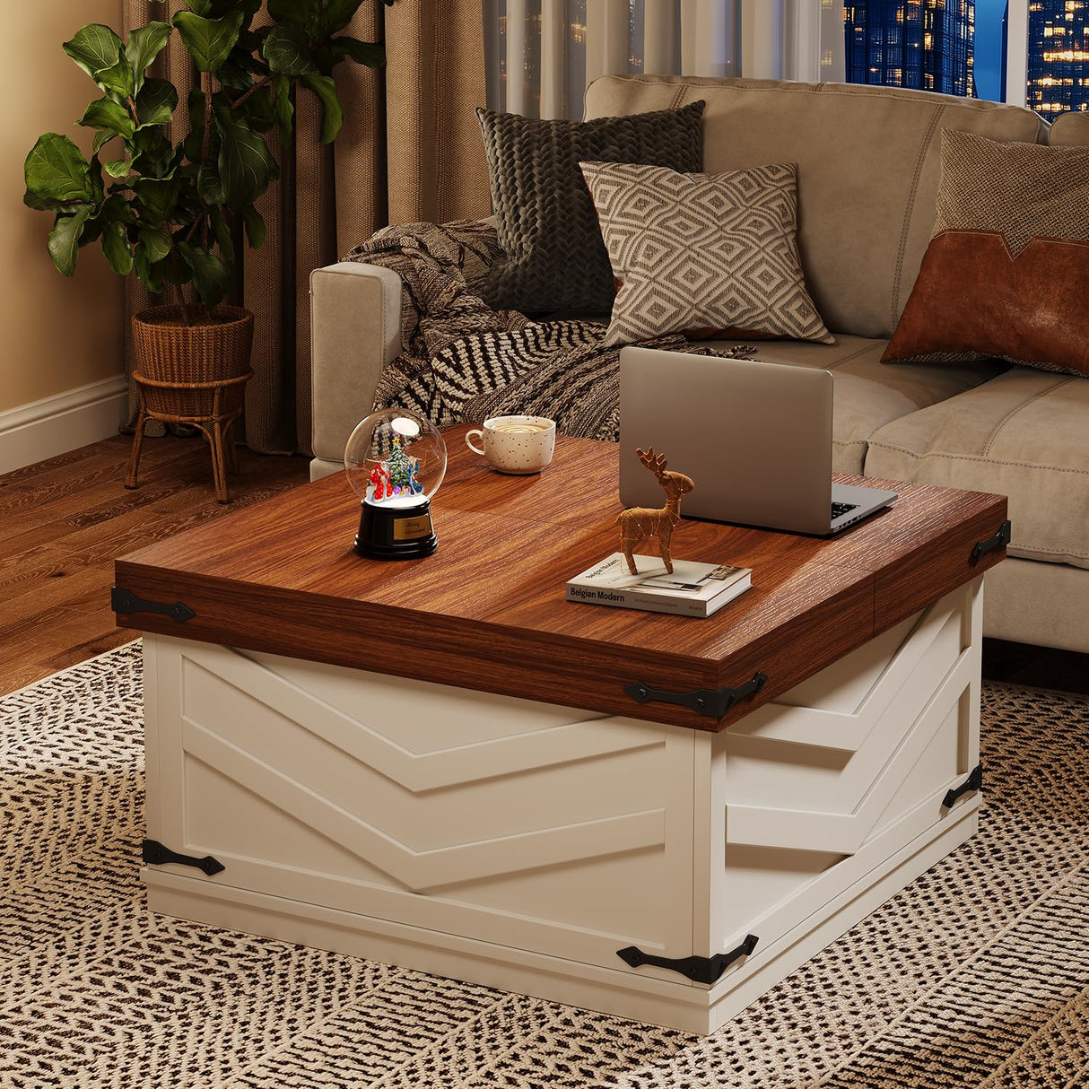 UNIQUITE 31.5'' Lift Top Coffee Table, Sliding Top Square Center Table with Large Hidden Storage Organizer, Multi-Functional Farmhouse Coffee Tables for Living Room, Bedroom, Home Office, White UNIQUITE