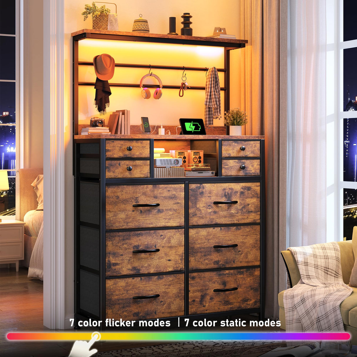 63" H Dresser for Bedroom with 10 Drawers, Fabric Dresser with Charging Station and LED Lights,Dressers & chests of Drawers with Open Shelves for Bedroom, Entryway, Rustic Brown EnHomee