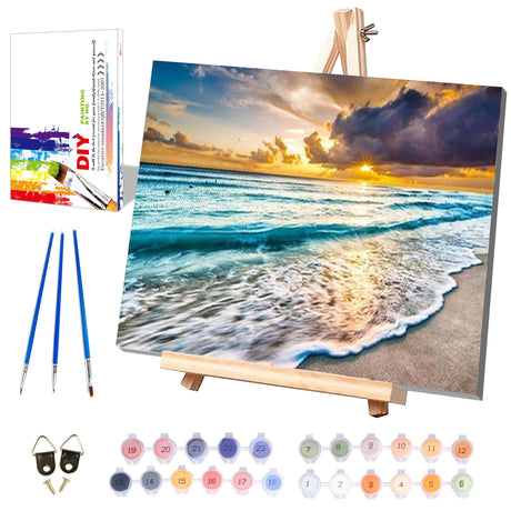 Beach Paint by Numbers for Adults with Framed Canvas-with Wooden Easel,Landscape Paint by Number on Canvas,DIY Acrylic Oil Painting Kits with Brushes Nice Gift Box for Home Wall Decor(16x20inch) xackcme