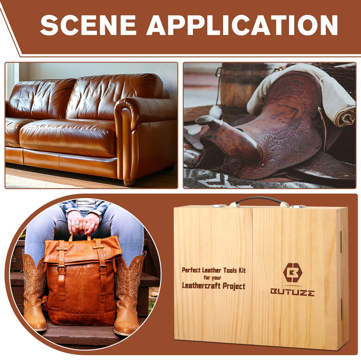 BUTUZE Leather Working Kit, Boxed Leather Tooling Kit, Leather Crafting Tool Kit, Cutting, Punching, Carving, Heavy Duty Leather Sewing Kit Professional Leather Working Tools and Supplies BUTUZE