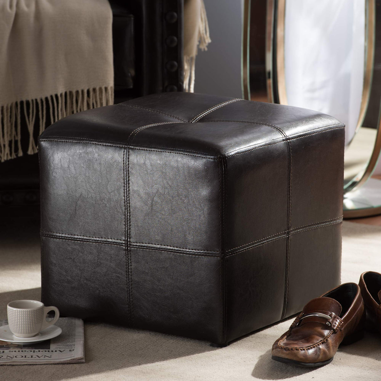 Baxton Studio Nox Brown Leather Ottoman , Dark Brown , SMALL - Baxton Studio