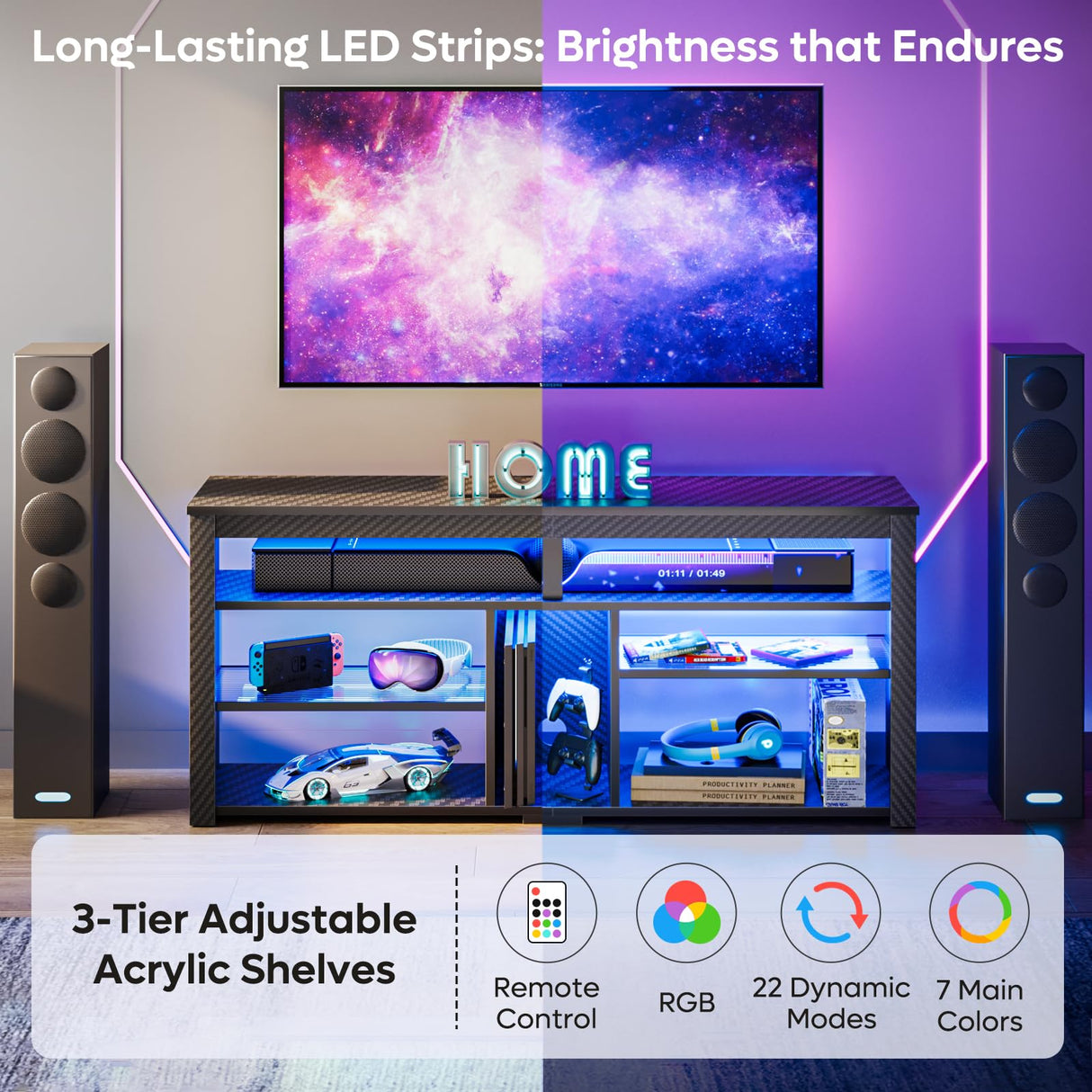 Bestier LED Tall TV Stand, Entertainment Center for 55/60/65 inch TV, Gaming TV Console with Storage for PS5, Adjustable Shelf Modern High TV Cabinet for Living Room Bedroom, Carbon Fiber Black Bestier