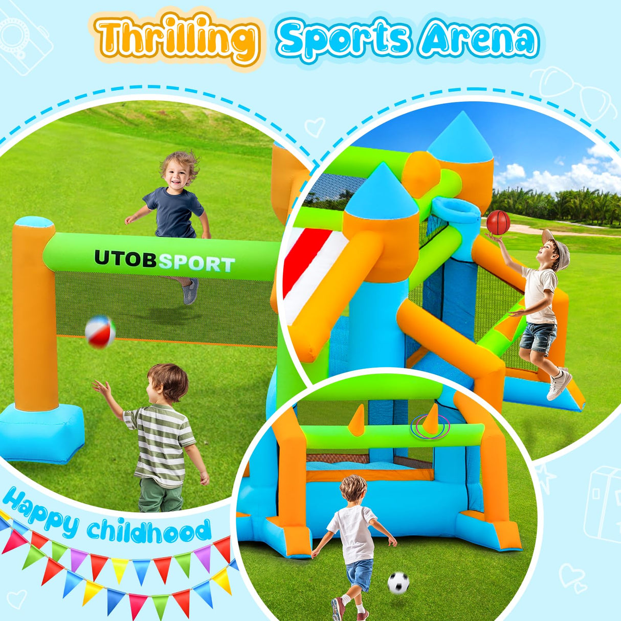 Inflatable Bounce House 176x136x80 inch Large Bounce Castle, with Blower, Ball Pit, Ball net, Ball Goal, for Indoor Outdoor Kid Sports/Playtime/Backyard Playground/Birthday Party UTOBSPORT