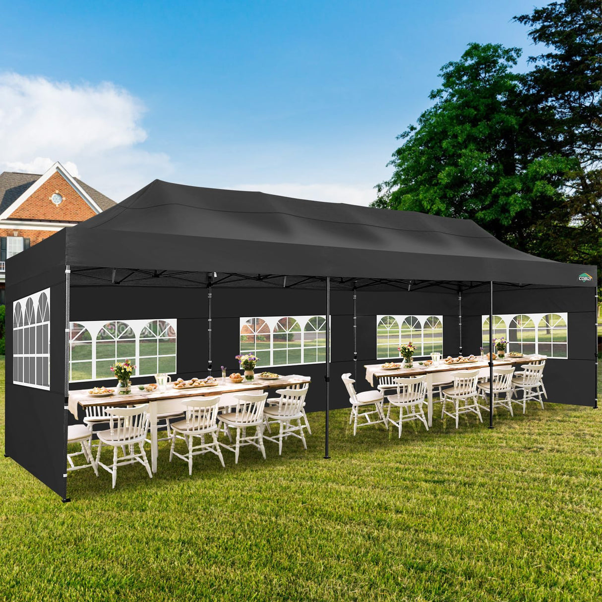 COBIZI 10x30 Pop up Canopy Tent 10x30 Canopy with Sidewalls, Heavy Duty Party Tent Tents for Parties, Foldable UPF 50+ Waterproof Commercial Easy up Canopy with Roller Bag, Black(Windproof Upgraded) COBIZI