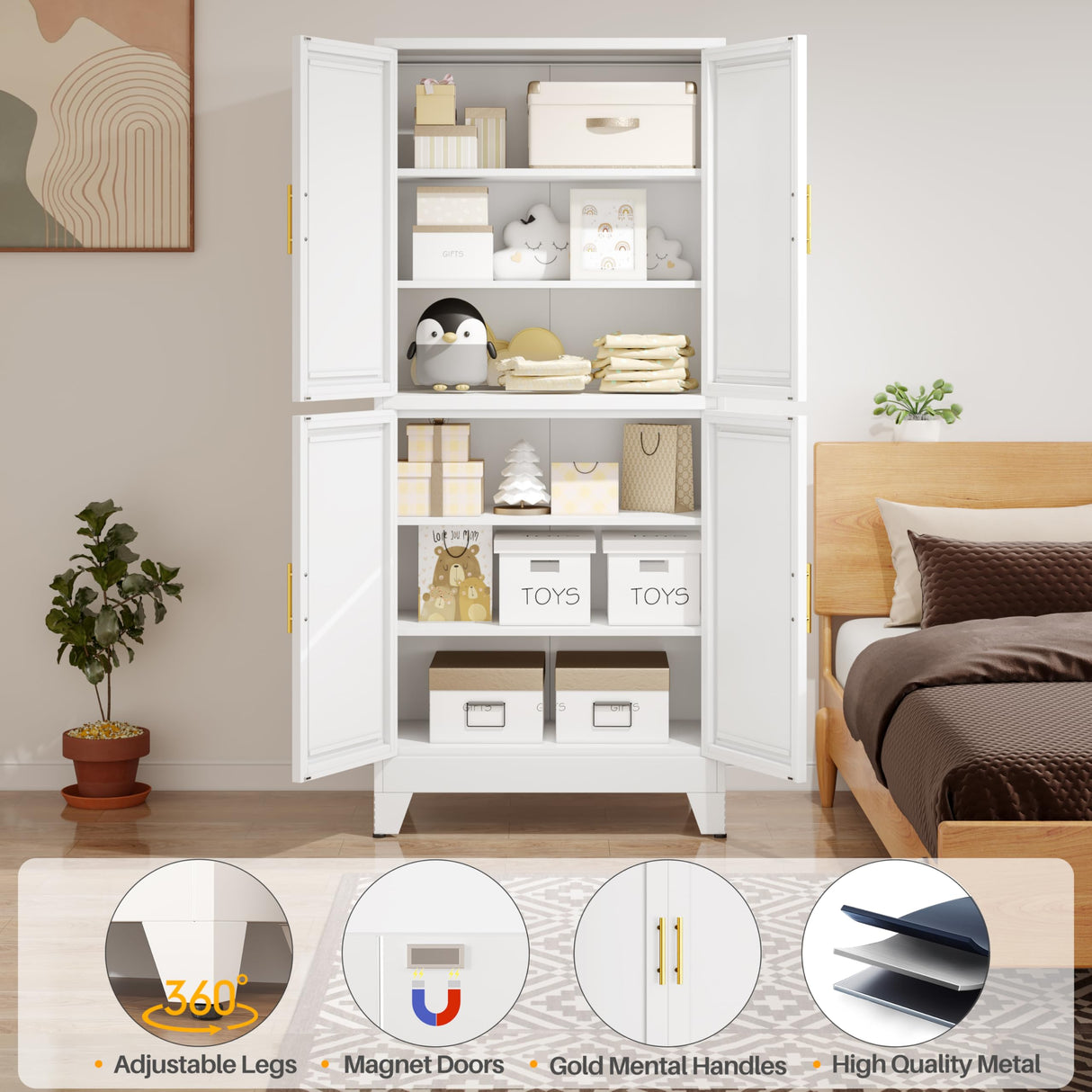 winiowa 75" Tall Kitchen Pantry Cabinet, Metal Storage Cabinet with Doors and Adjustable Shelves, White Freestanding Pantry Cabinet for Kitchen, Dining Room, Living Room, Laundry Room, Bathroom winiowa