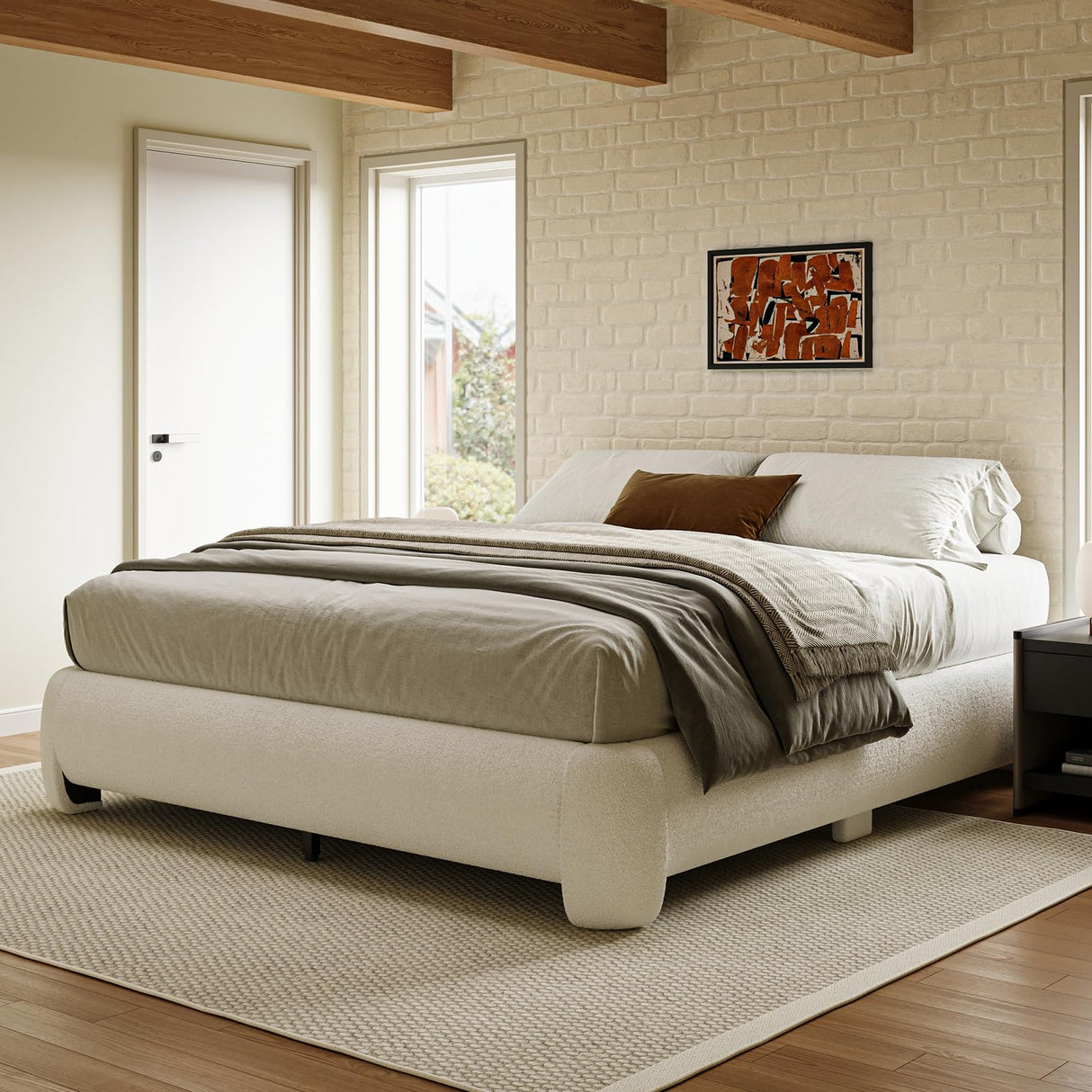 ZENBEDING Cloud Bed Frame King Size, Soft Boucle Bed Frame with Round Corner, Upholstered King Size Bed Frame with Heavy Duty Wood Slat, No Box Spring Needed, Easy Assembly, White ZENBEDING