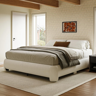 ZENBEDING Cloud Bed Frame King Size, Soft Boucle Bed Frame with Round Corner, Upholstered King Size Bed Frame with Heavy Duty Wood Slat, No Box Spring Needed, Easy Assembly, White
