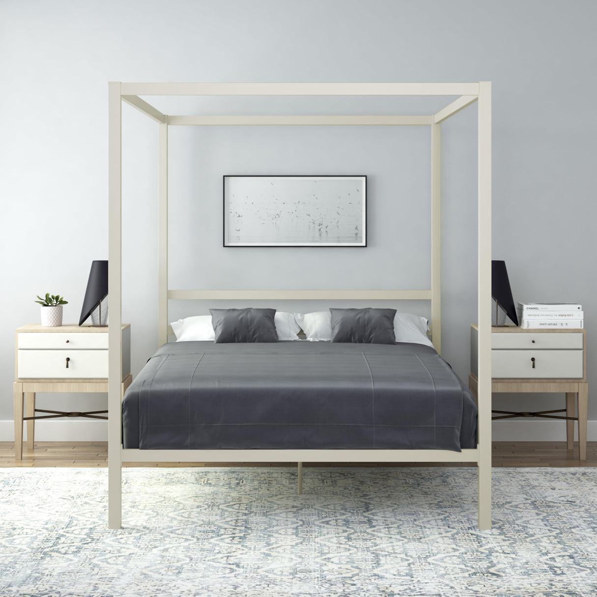 DHP Modern Metal Canopy Platform Bed with Minimalist Headboard and Four Poster Design, Underbed Storage Space, No Box Spring Needed, Queen, White DHP