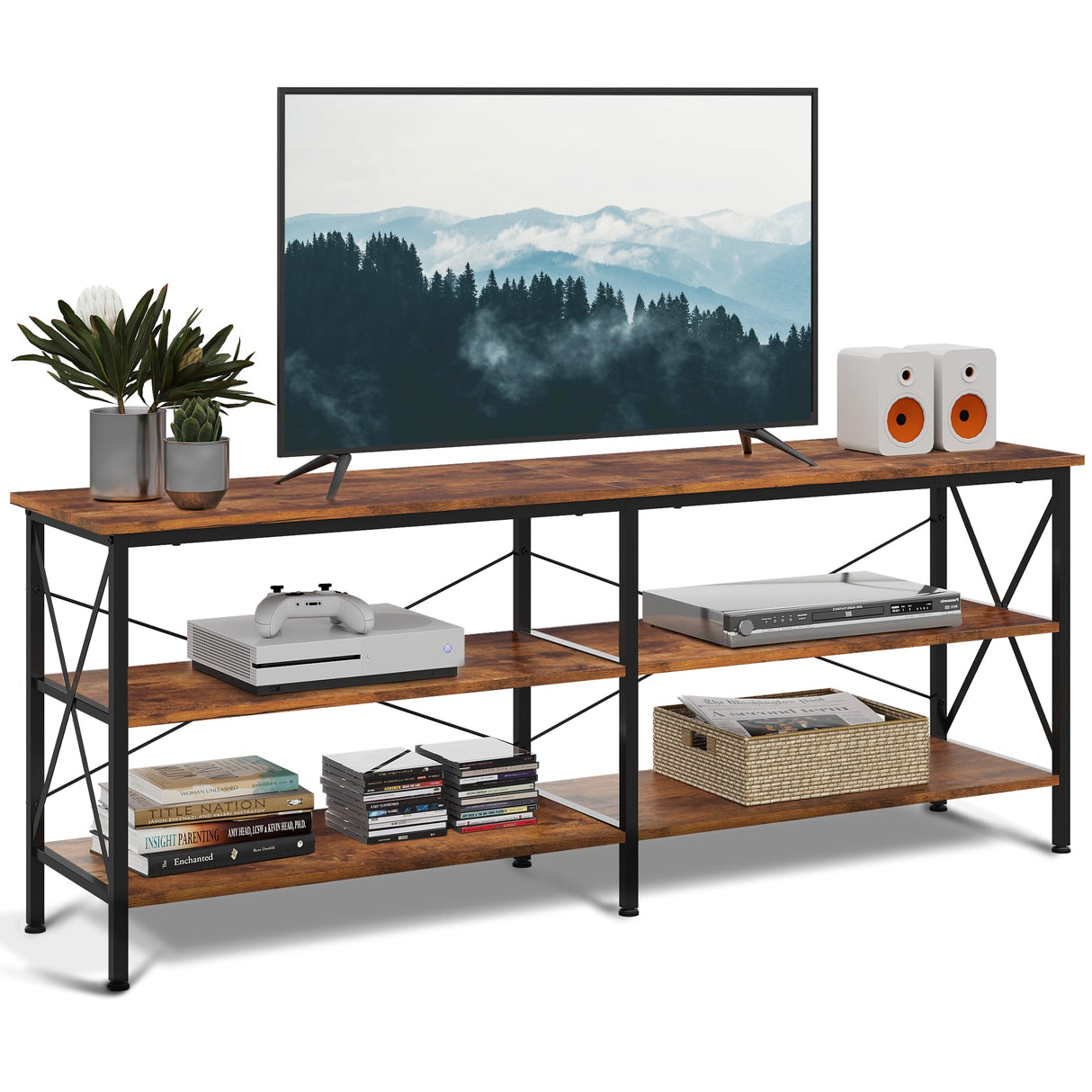 WLIVE TV Stand up to 70 Inch TV, 63" Entertainment Center, TV Media Console with 3-Tier Storage Shelves for Living Room and Bedroom, Rustic Brown WLIVE