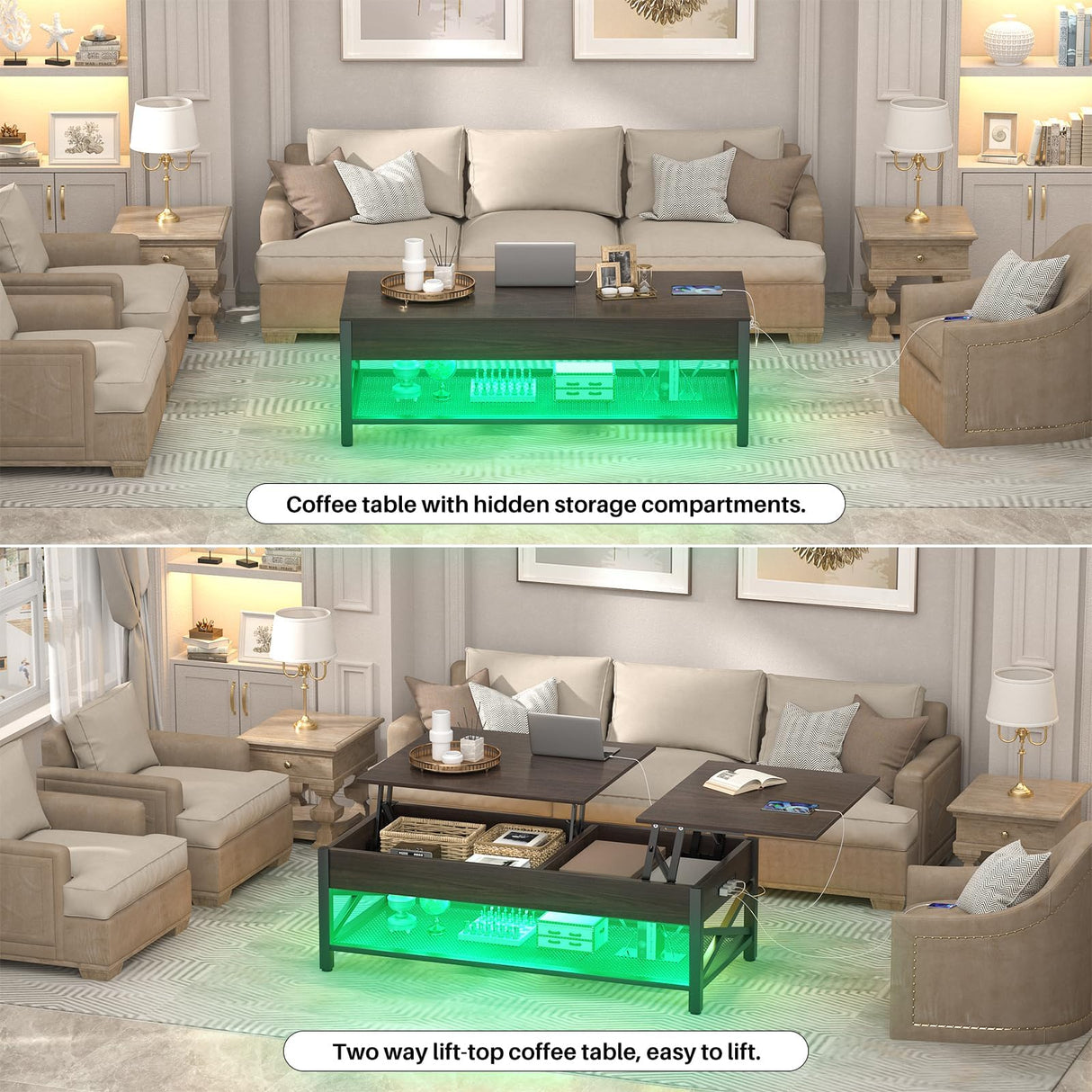 Aheaplus Coffee Table, Lift Top Coffee Table with LED light and Power Outlet, Modern Lift-Top Table with Storage Shelf, Center Table for Living Room with Lift Tabletop, X Support Metal Frame, Espresso Aheaplus
