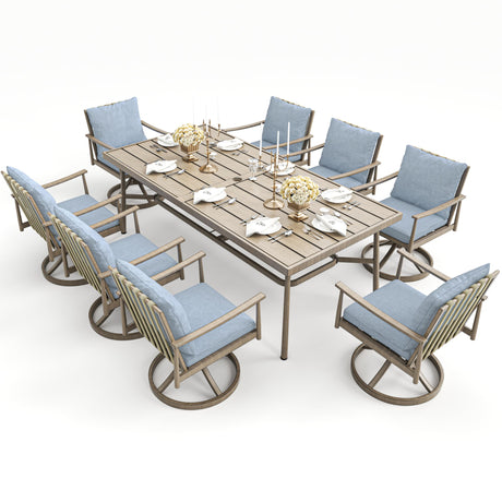 HAPPATIO 9-Piece Patio Dining Set for 8, Aluminum Outdoor Dining Set with Cushions, 8 Swivel Dining Chairs, 1 Large Rectangular Table with Umbrella Hole for Lawn, Porch, Backyard, Brown HAPPATIO
