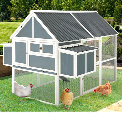 AECOJOY 84” Large Chicken Coop, Outdoor Wooden Hen House Poultry Cage for 8-10 Chickens Walk in Chicken House with Run