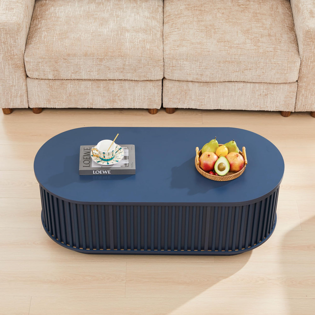 CHILILTDUS Oval Lift Top Coffee Table with Storage, 43.3”Mid Century Modern Center Table with Hidden Compartment, Fluted Wooden Lift Tabletop Dining Table for Living Room Apartment Home Office,Blue CHILILTDUS