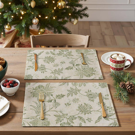 JINCHAN Linen Floral Fall Placemats Christmas Set of 4 Cloth Table Mats Rustic Cottagecore Jacobean Outdoor Seasonal for Kitchen Dining Table Decor Washable Tablemats 13x19 Inch Green jinchan