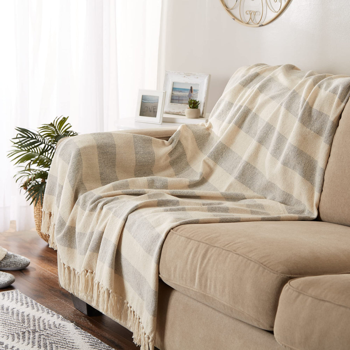 DII Rustic Farmhouse Cotton Cabana Striped Blanket Throw with Fringe, 50 x 60 - Cabana Striped Gray & Off-White DII