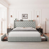 Feonase Queen Size Bed Frame with 4 Storage Drawers, Upholstered Storage Bed with Charging Station, Tufted Wingback Storage Headboard, No Box Spring Needed, Light Grey, FEO737 Feonase