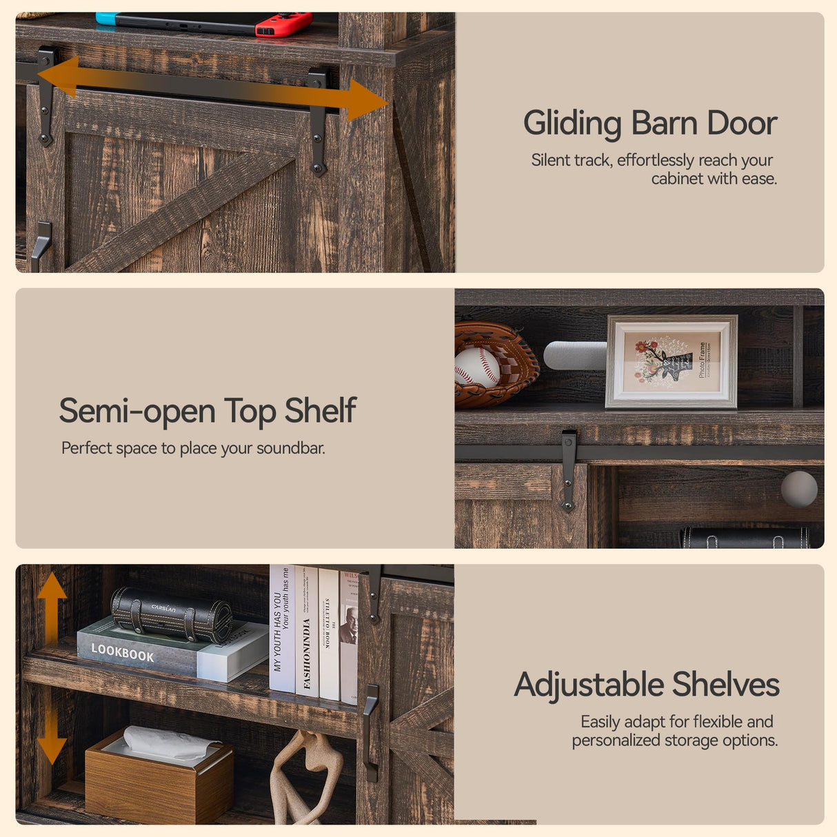 KBCLN Rustic Brown TV Stand for 65 Inch TVs, Sliding Barn Door Farmhouse Entertainment Center, Adjustable Shelves Media Console Table for Living Room KBCLN