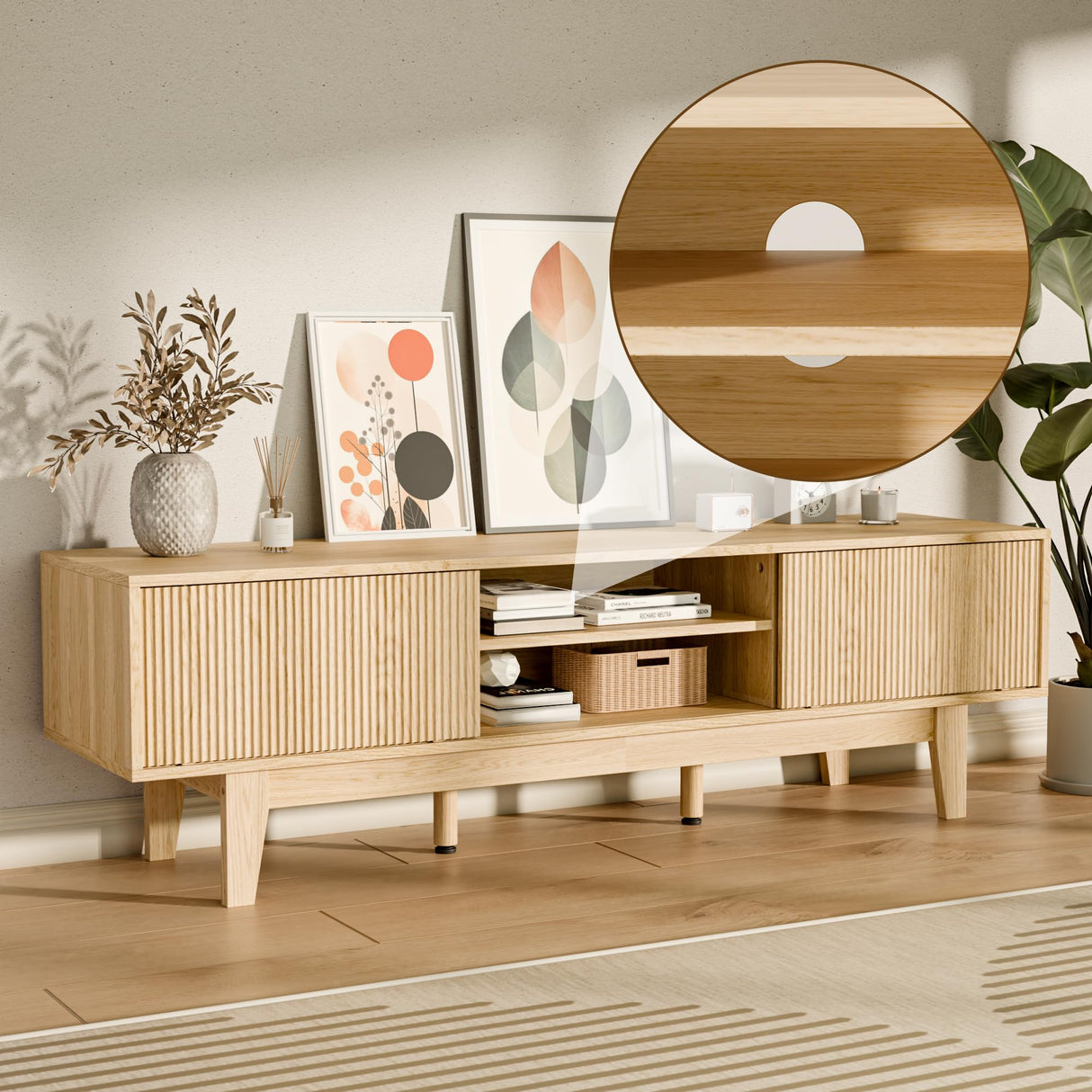 EDWINENE TV Stands for 55 60 65 inch TV, Oak Fluted TV Stand for Living Room Bedroom, Mid Century Modern TV Console Tables, Entertainment Center with Storage Cabinet, Sliding Doors and Open Shelves EDWINENE