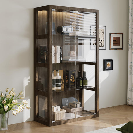 FUNISIR Display Cabinet with 2 Doors, 4-Tier Curio Cabinet for Collectibles with 3 Color LED Light & Glass Shelves, 63" Glass Display Case for Living Room, Home Office, Walnut FUNISIR