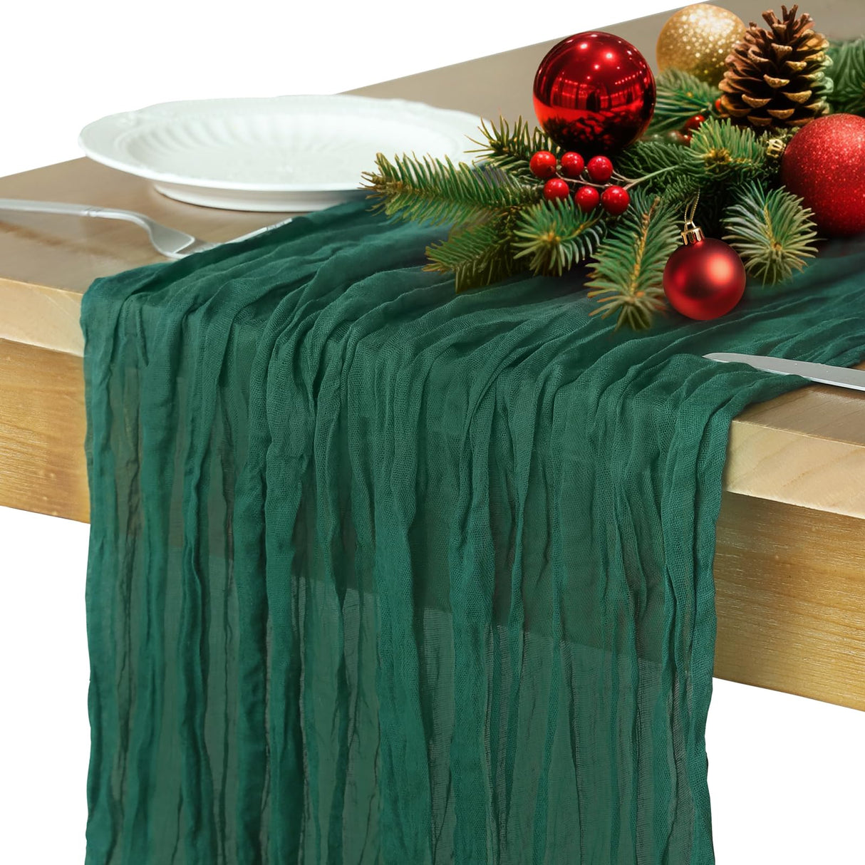 Christmas Table Runner, 10FT Cheesecloth Emerald Green Table Runners 35*120inch Rustic Boho Table Runner for Christmas Indoor Home Kitchen Table Party Decorations Miucat