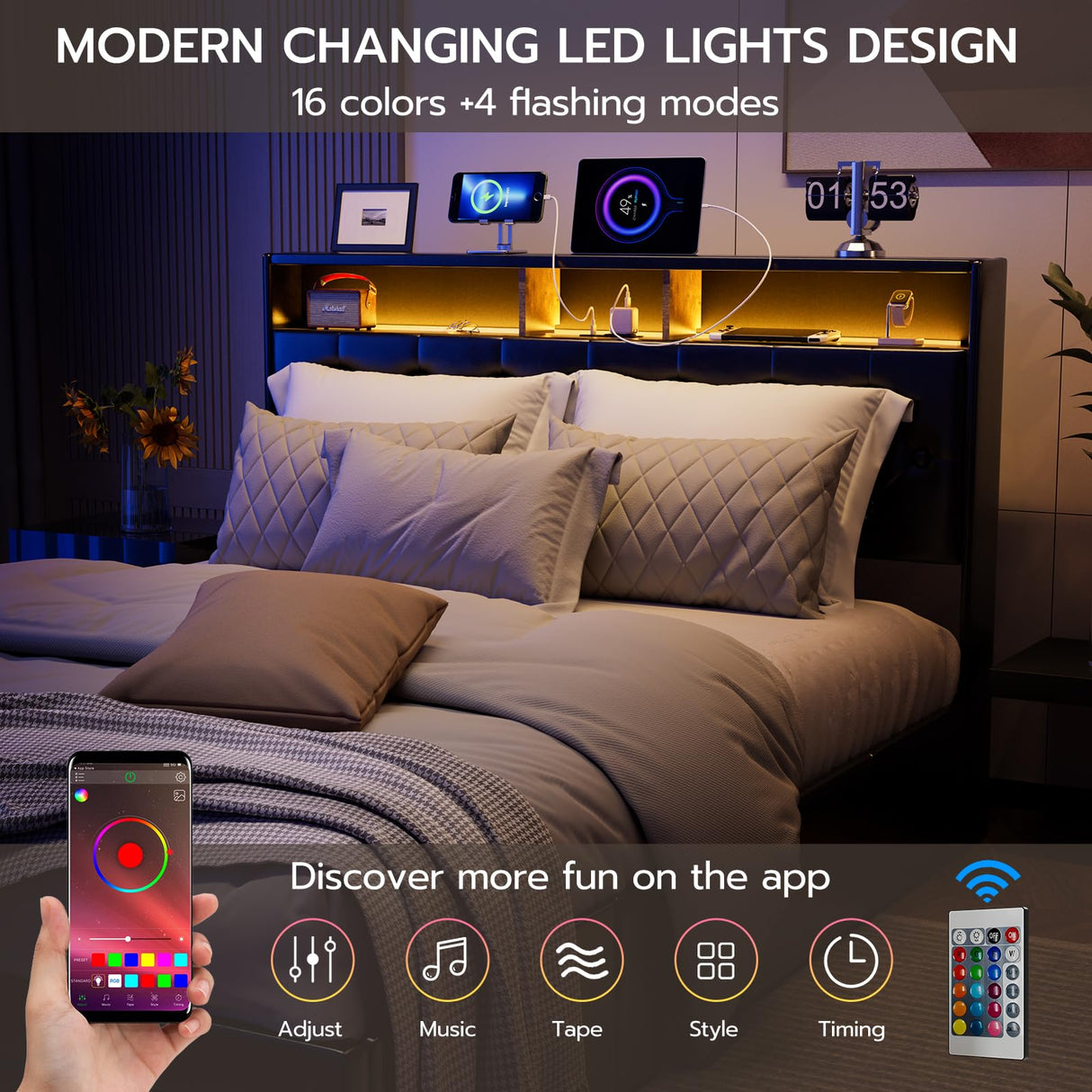 IKIFLY Queen Bed Frame with 4 Drawers, Storage Headboard, LED Lights & Charging Station in Black IKIFLY