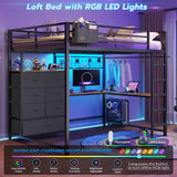 DICTAC Full Loft Bed with L-Shaped Desk and 7 Storage Drawers,Metal Full Size Loft Bed for Teen with LED Lights and Charging Station,13.11" H Safety Guardrail and Ladder,No Box Spring Needed, Black DICTAC