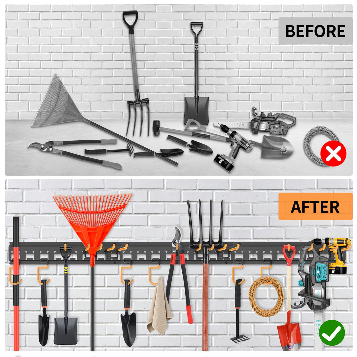 Unaikoo Garage Tool Organizer Wall Mount - Heavy Duty Garage Storage and Organization Garden Tool Organizer with Adjustable Pegboard Hooks Yard Shed Rack for Broom Mop Shovels Rake Trimmers, 48 inch Unaikoo