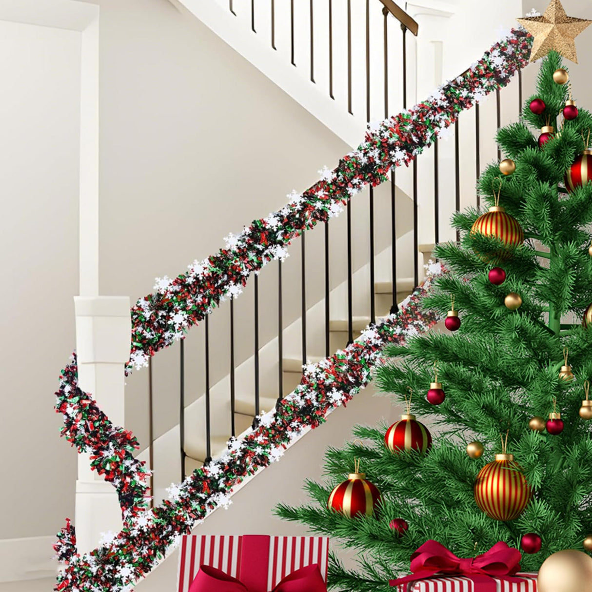 50 Feet Green Red Christmas Metallic Tinsel Twist Hanging Garland with Snowflake for Home Mantle Xmas Tree Staircase Railing New Year Holiday Party Indoor Outdoor Decorations CUADRNX