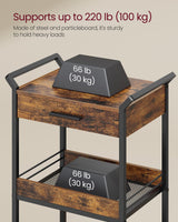 VASAGLE Storage Cart, 3-Tier Rolling Utility Cart with Table Top, Handles, 4 Lockable Casters, Top Drawer, Mesh Shelves, for Kitchen, Bathroom, Bedroom, Rustic Brown and Ink Black ULRC048K01 VASAGLE