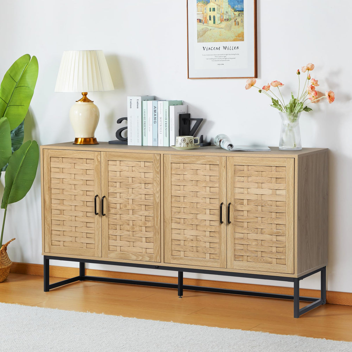 NVETHM Sideboard Cabinet, Modern Buffet Storage Cabinet with Wooden Strip Doors and Adjustable Shelves,Console Cabinet,Credenza for Living Room,Dining Room,Hallway (Natural) NVETHM