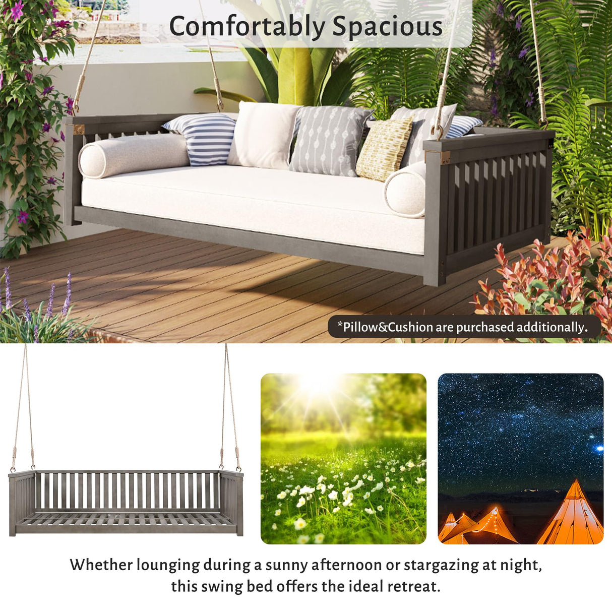 Jeffski Patio Twin Size Garden Swing Bed, 2-Seater Hanging Bed Swing Bench with Safe Sloped Design, Wood Porch Swing Bed with Ropes for Backyard, Poolside, Garden, Grey Jeffski