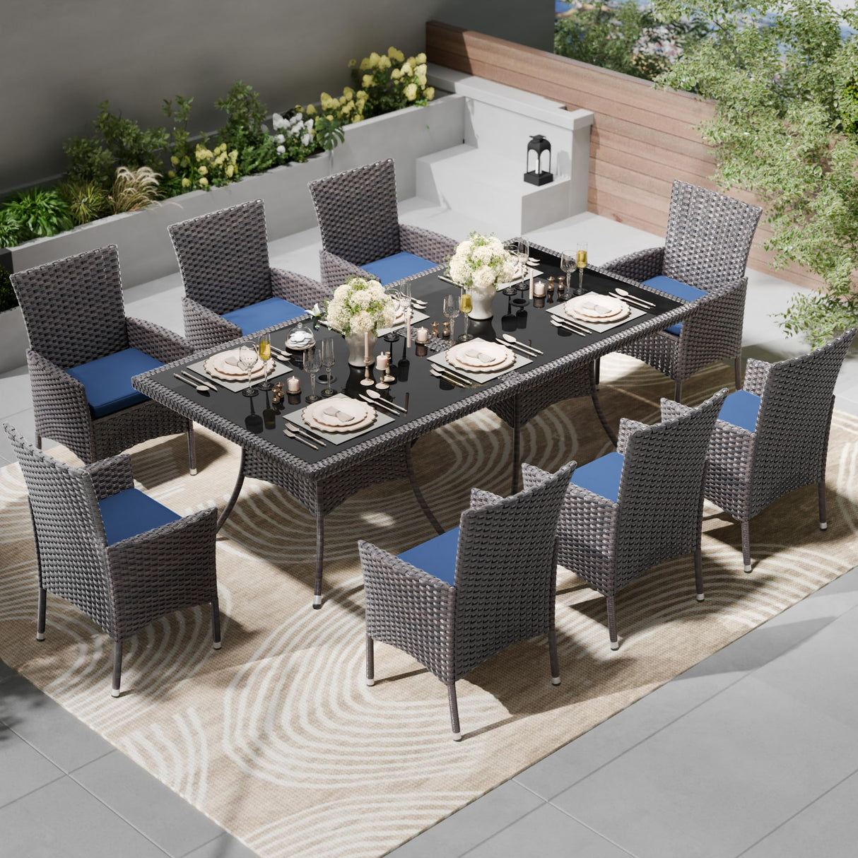 Kullavik 10-Piece Outdoor Dining Set Patio Rattan Furniture Set,Patio Dining Table and Chairs Set with 8 Chairs and Cushions,Square Glass Tabletop with Umbrella Hole for Patio,Backyard,Garden,NavyBlue Kullavik