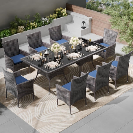Kullavik 10-Piece Outdoor Dining Set Patio Rattan Furniture Set,Patio Dining Table and Chairs Set with 8 Chairs and Cushions,Square Glass Tabletop with Umbrella Hole for Patio,Backyard,Garden,NavyBlue Kullavik