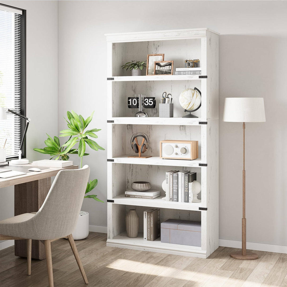 IDEALHOUSE 5 Tier Bookcase, Farmhouse Book Shelf with Storage, Tall Book Case Wooden 5 Shelf Bookcase for Home Office, Living Room, Bed Room (White, 67.4" H x 31.5" W x 12.8" D) IDEALHOUSE