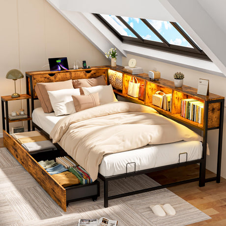 Betterhood Corner Bed Frame with Storage Bookcase, Twin Daybed with 2 Drawers & Charging Station, Twin Size Platform Beds with LED Light, Teen Corner Bed for Living Room, Bedroom and Guest Room Betterhood