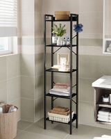 Hzuaneri Bookshelf, Book Shelf, Industrial Bookcase with 2 Hooks, Coner Shelf Storage Organizer for Home Office, Living Room, Bedroom, Kitchen, 5-Tier Black BC10504B Hzuaneri