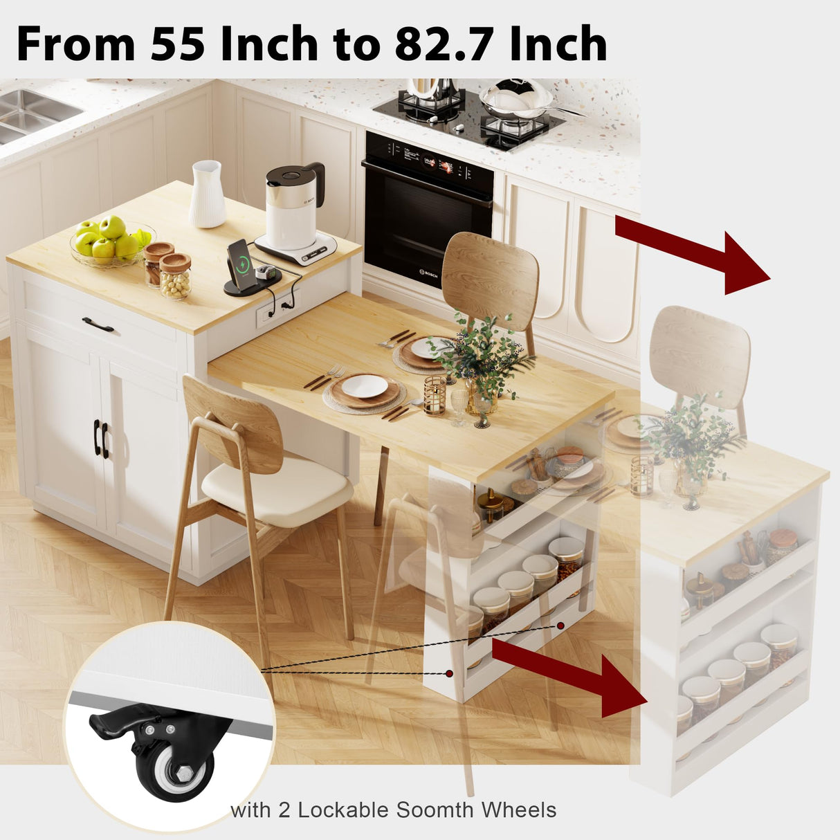 Merax Large Kitchen Island 82.7" Kitchen Island with Extendable Dining Table for 2-6 Person, with Double-Sized Storage, Power Outlet, 2 Storage Drawers and 2 Side Shelves, White Oak Merax