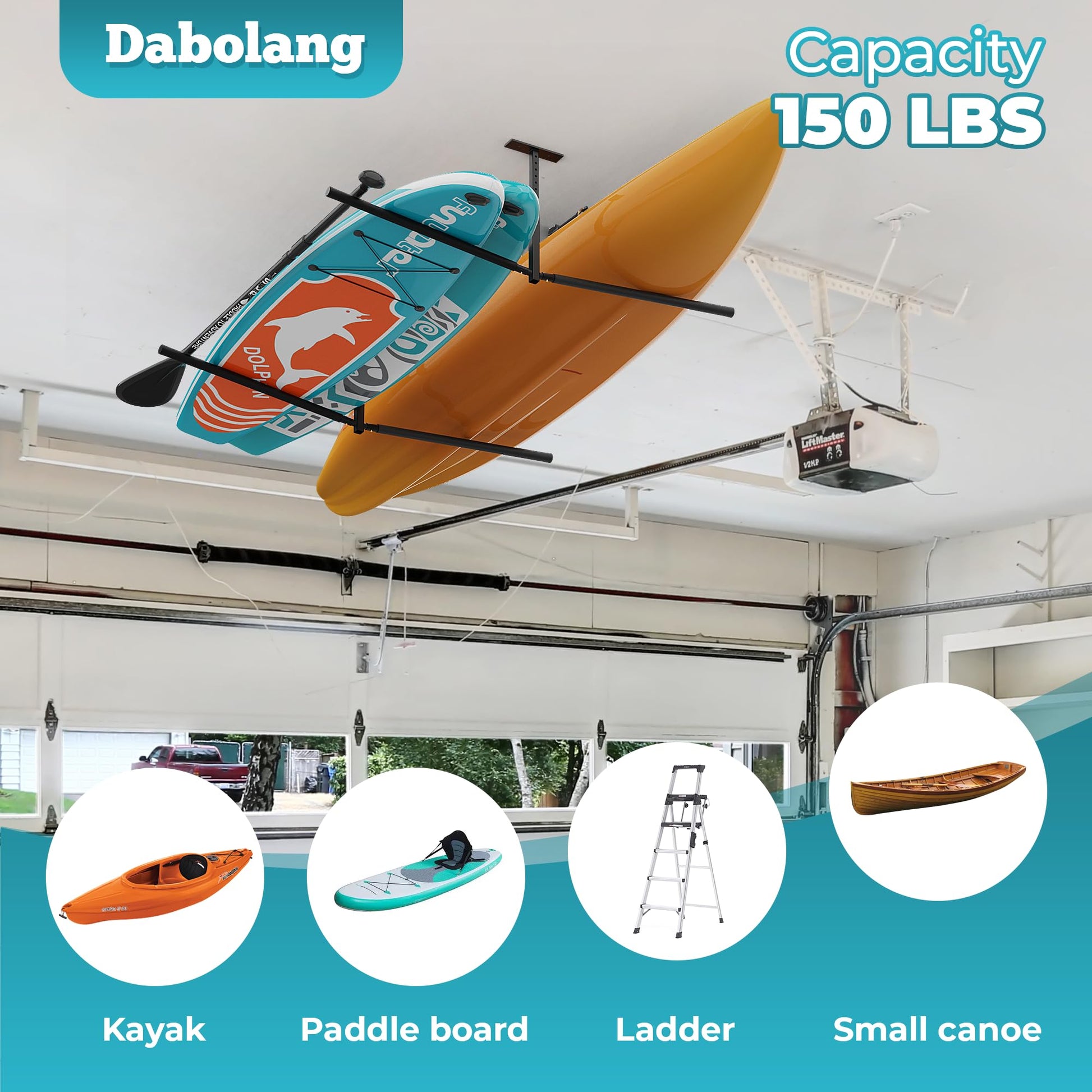 Dabolang Adjustable Ladder Ceiling Rack, Garage Surf Storage, Heavy Duty Overhead Paddleboard Hanger, Kayak Ceiling Mount Rack for Telescopic Ladder/Snowboard/Lumber. Double-sided - WoodArtSupply