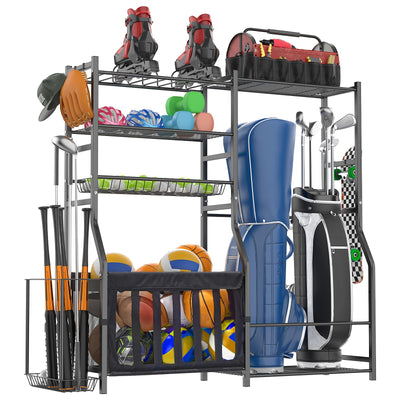 organizelink Garage Sports Equipment Organizer, Strong Load Bearing Golf Bag Organizer, Multi Use Golf Ball Rack Basketball Rack For Sports Gear and Outdoor Toy Ball Storage