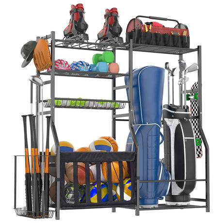 organizelink Garage Sports Equipment Organizer, Strong Load Bearing Golf Bag Organizer, Multi Use Golf Ball Rack Basketball Rack For Sports Gear and Outdoor Toy Ball Storage organizelink