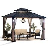 Sunjoy Hardtop Gazebo 10 x 12 ft. Outdoor Patio Gazebo with LED Lights (Batteries Operated), Remote Control and Netting, Black Sunjoy