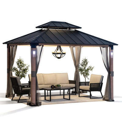 Sunjoy Hardtop Gazebo 10 x 12 ft. Outdoor Patio Gazebo with LED Lights (Batteries Operated), Remote Control and Netting, Black