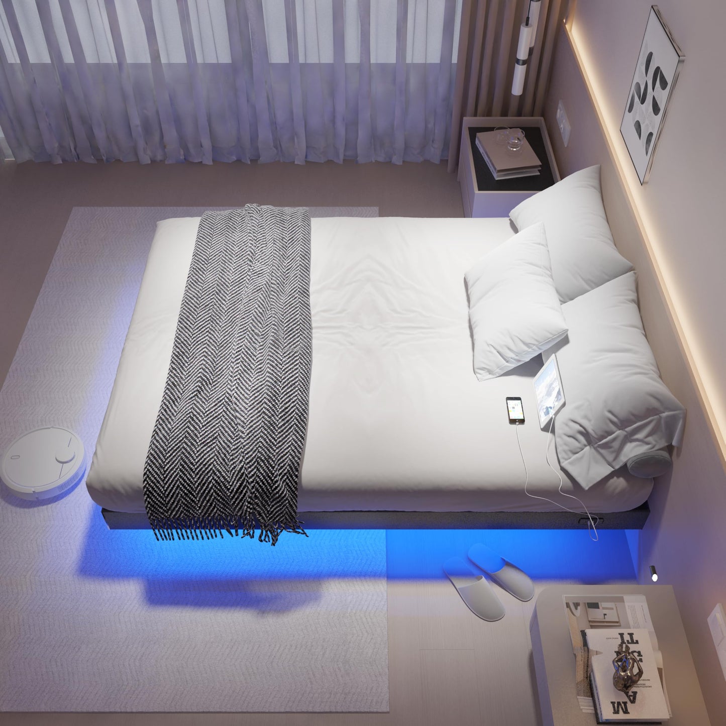 SAVOLIFE Queen Size Floating Bed Frame with LED Lighting and Built-in Charging Station - WoodArtSupply