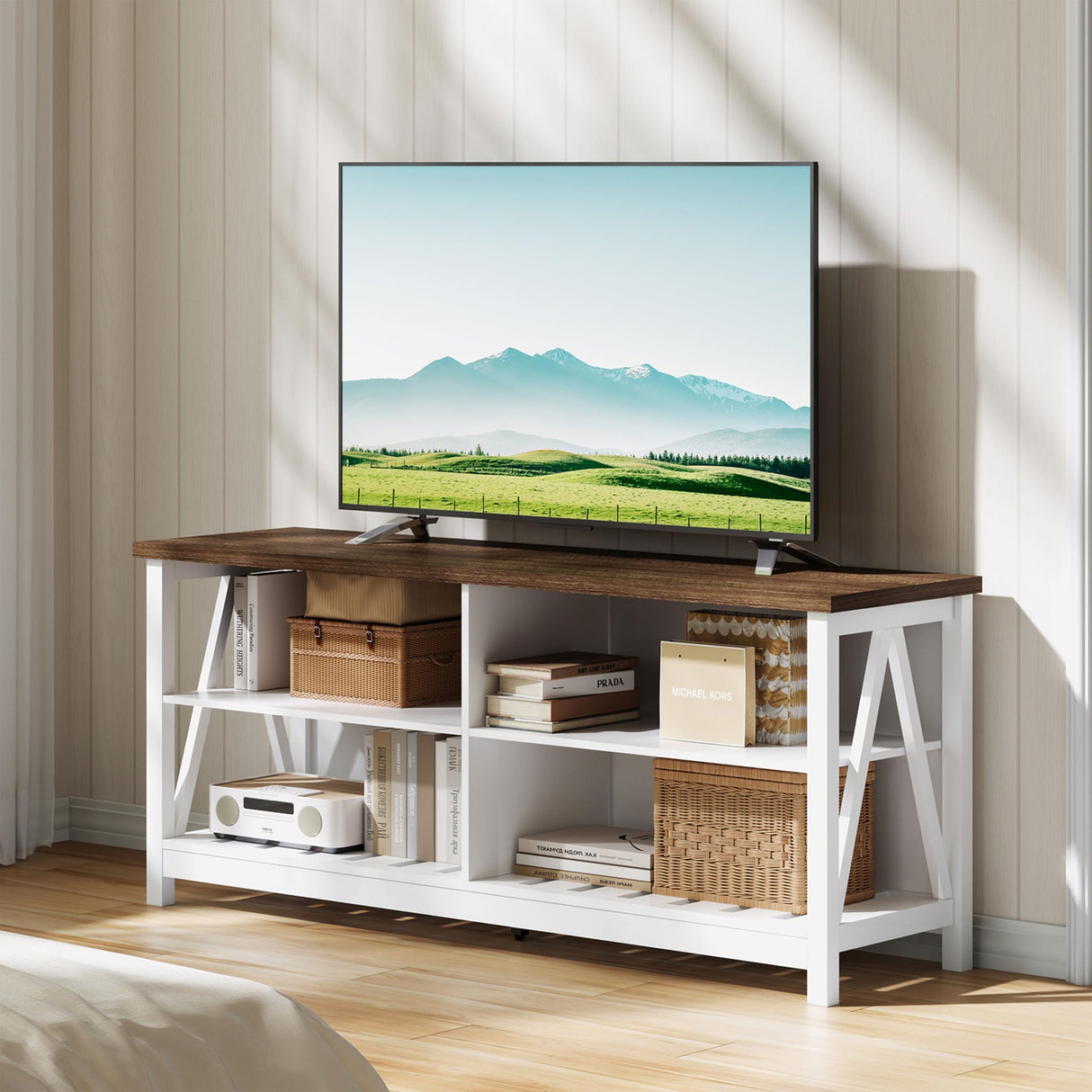 ChooChoo Farmhouse TV Stand for TVs up to 55 Inch, Modern Entertainment Center with 4 Open Shelves & Built-in Cable Holes, Media TV Console for Living Room, Bedroom, White ChooChoo