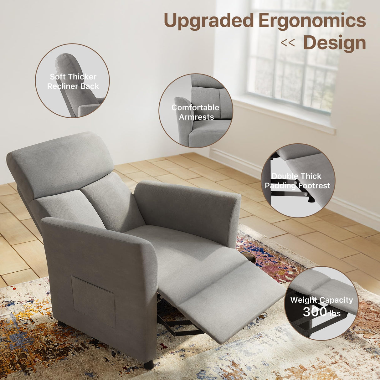 Claiks Power Recliner Chair for Adults, Adjustable Reclining Chair, Comfortable Recliner Couch with Side Pockets&Wire Remote Control, for Living Room, Home Theater, Bedroom, Linen Fabric, Light Grey Claiks